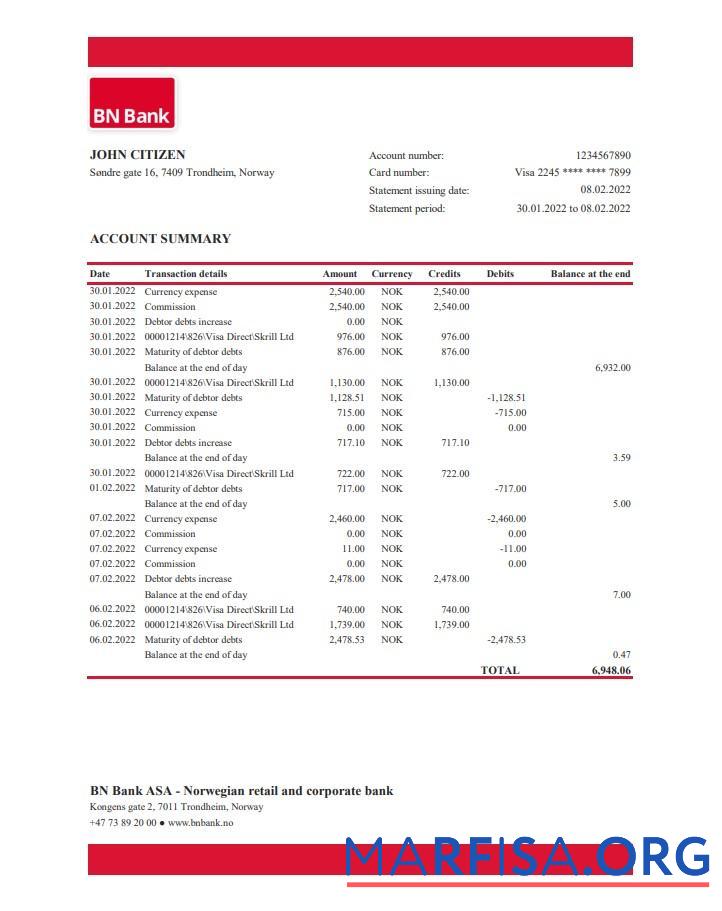 Realistic Norway BN bank statement excel download for verification